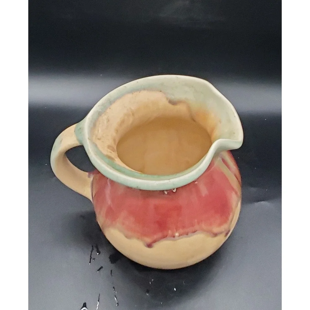 Handmade D. Lessar Studio Art Pottery‎ Red Tulip Pitcher Handmade Drip Glaze 7